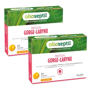 OLIOSEPTIL - Pastilles à Sucer Gorge-Larynx - Sans Sucres Ajoutés - Extraits de Plantes, Vitamine C, Cuivre et Huiles Essentielles - Apaise et Assainit la Gorge - Goût Miel Citron - Lot de 2