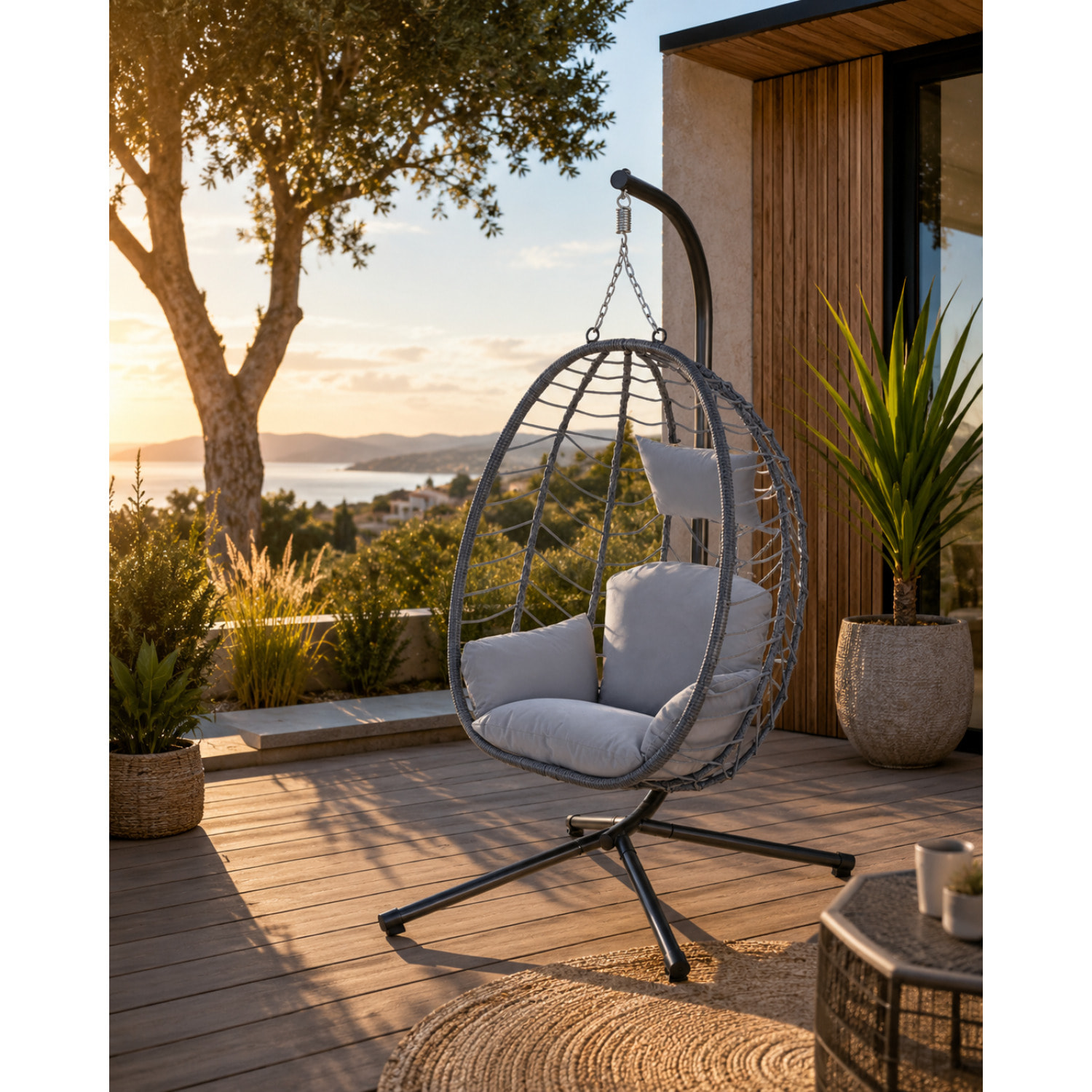 Fauteuil suspendu en résine effet rotin gris ATHENE