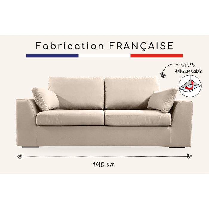 Canapé 3 pl TRESSIN 190 cm fixe tissu coton Taupe - 100% déhoussable - Fab. France