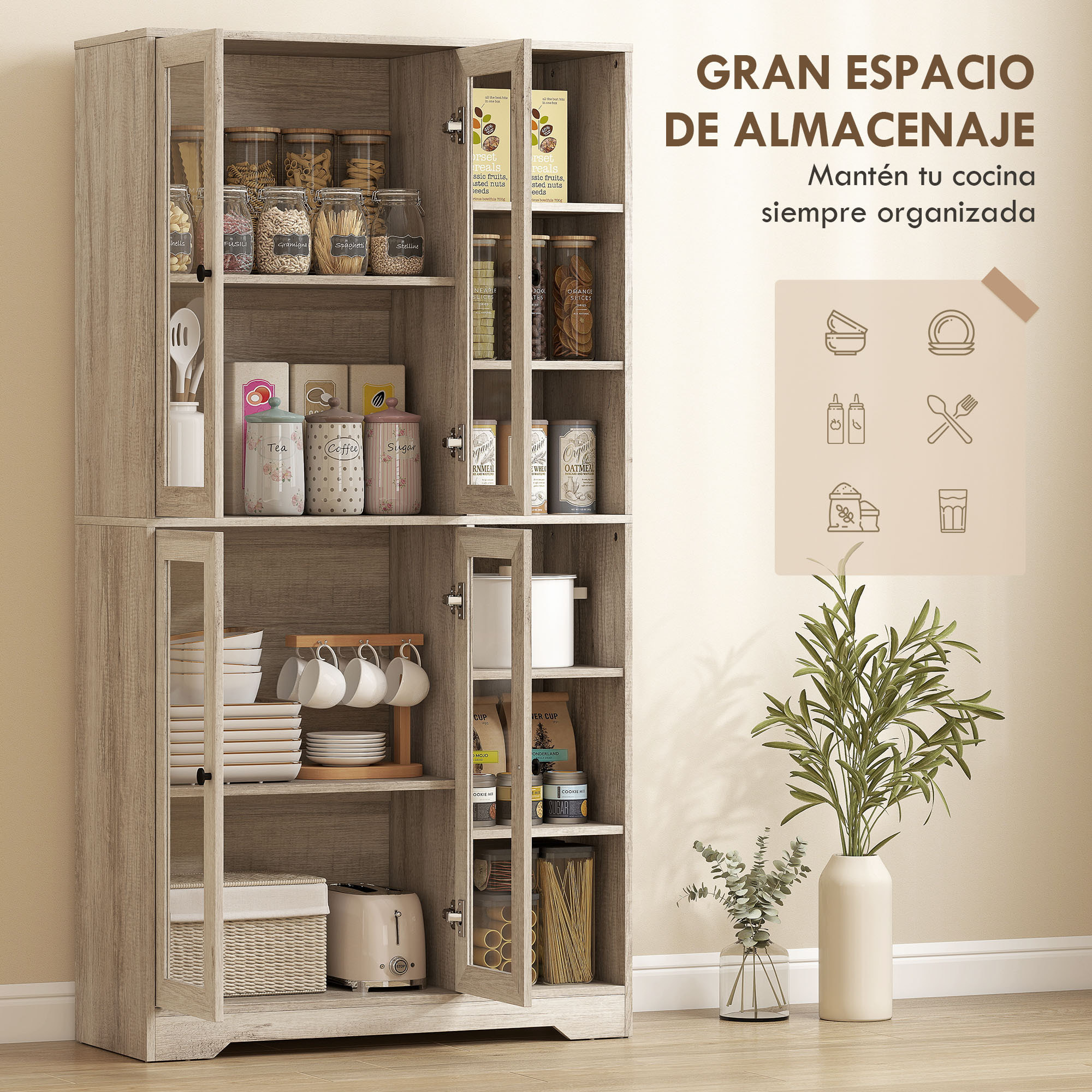 Alacena de Cocina, Mueble Auxiliar de Cocina con Estantes Abiertos y 4 Puertas de Vidrio con Cierre Suave, Estantes Ajustables, para Comedor, Salón, 90x35x172 cm, Gris Claro