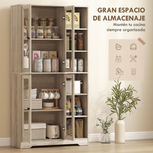 Alacena de Cocina, Mueble Auxiliar de Cocina con Estantes Abiertos y 4 Puertas de Vidrio con Cierre Suave, Estantes Ajustables, para Comedor, Salón, 90x35x172 cm, Gris Claro