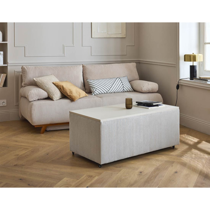 Pirae - table basse avec plateau relevable et coffre - en velours côtelé - 107 cm - Beige