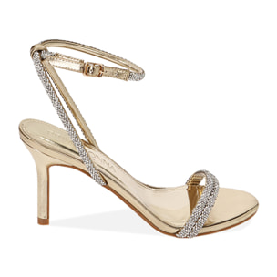 Sandalias laminadas doradas con brillos, tacón de 8,5 cm