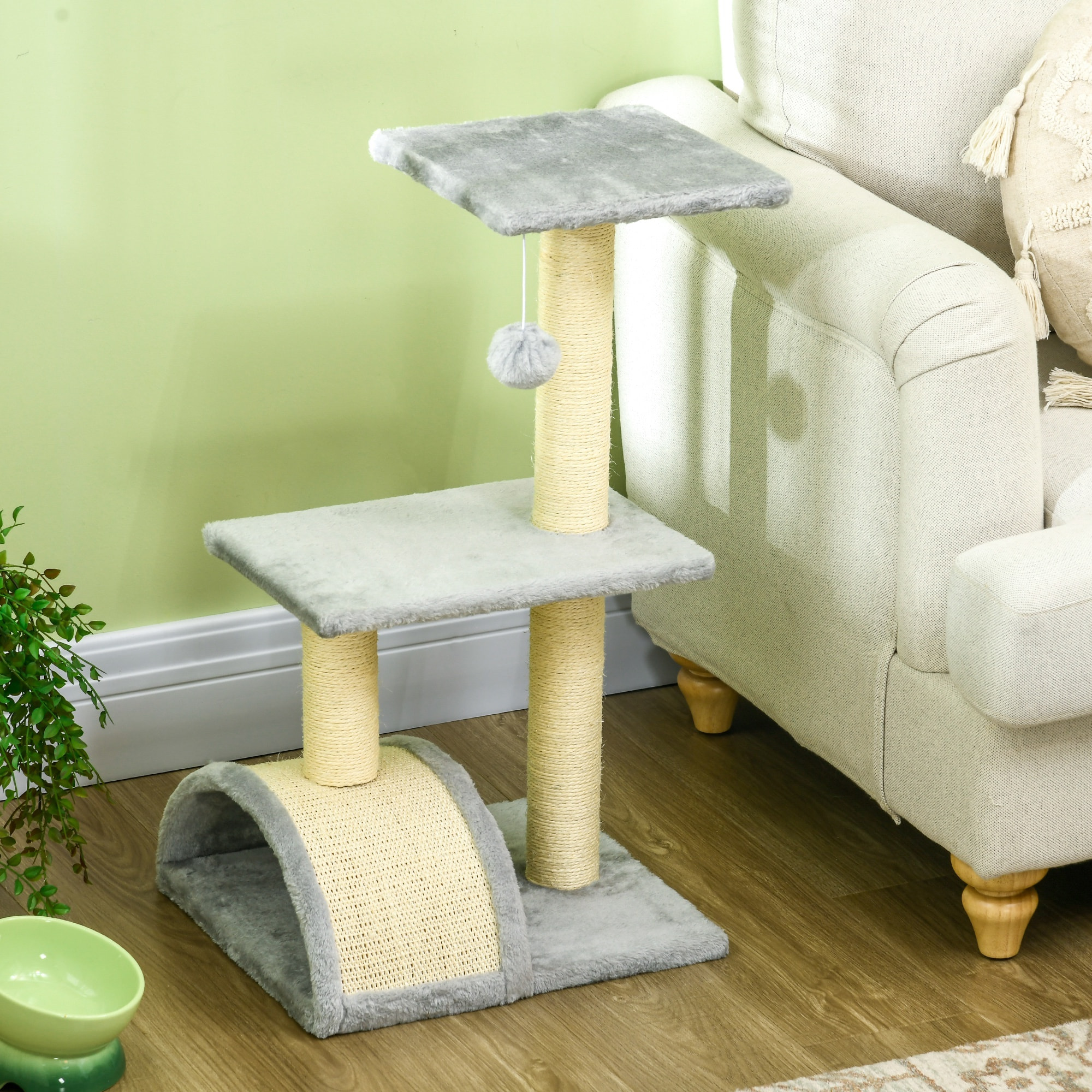 Arbre à chat griffoir grattoir design jeu boule suspendue 2 plateformes peluche sisal naturel gris clair