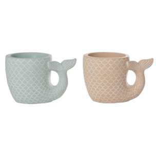 J-Line Cache-pot Poisson - céramique - bleu clair/beige - large - 2 pièces