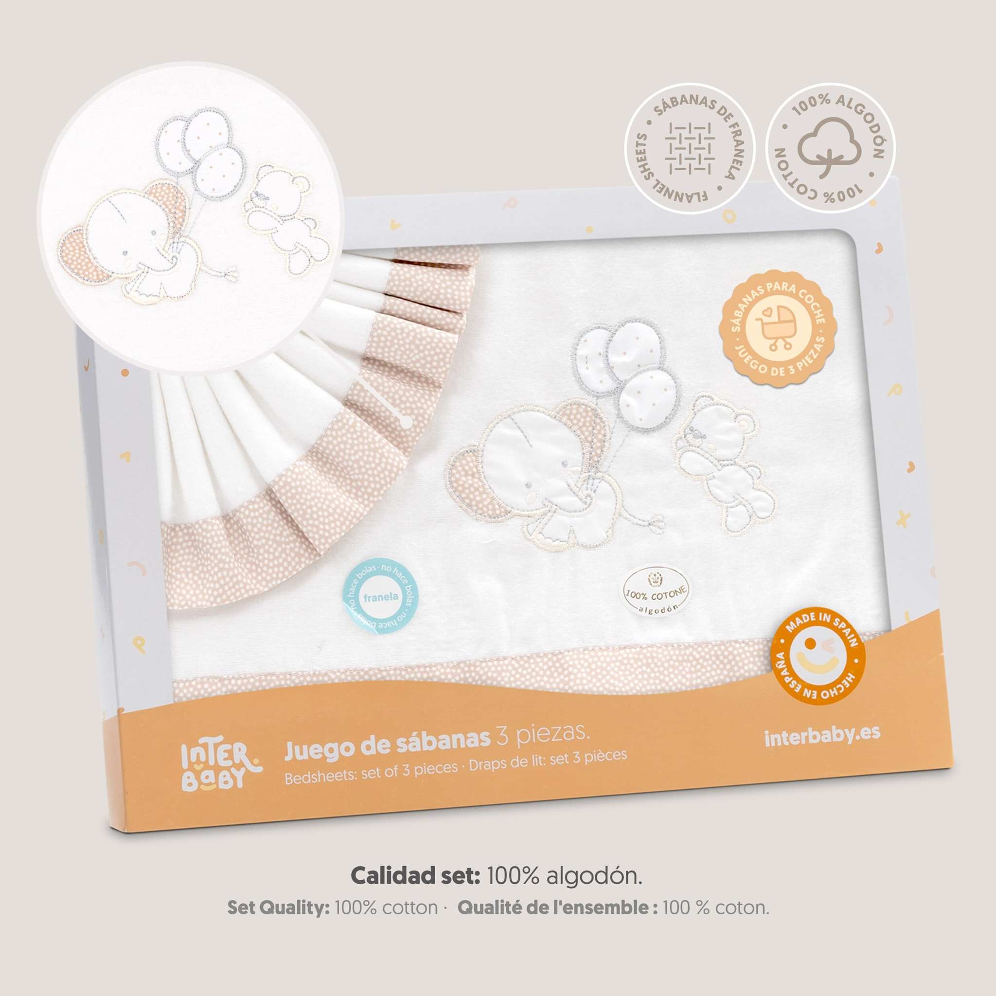 Triptico Coche Franela Oso Elefante Globos Bco/Beig