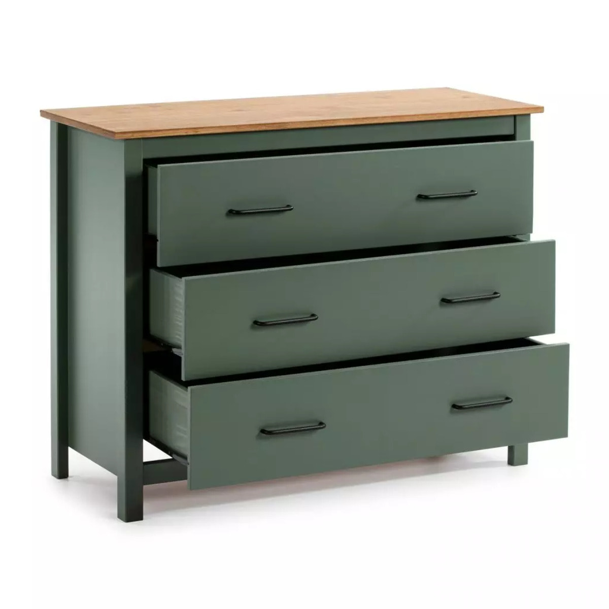 Cómoda de 3 cajones resistente y funcional en green moss y oak 100x80 cm Eira Green Moss - Oak