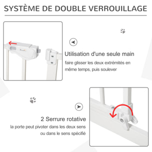 Barrière de sécurité pliable pour chien - 3 panneaux, porte verrouillable - dim. 206L x 120H cm - acier PP blanc