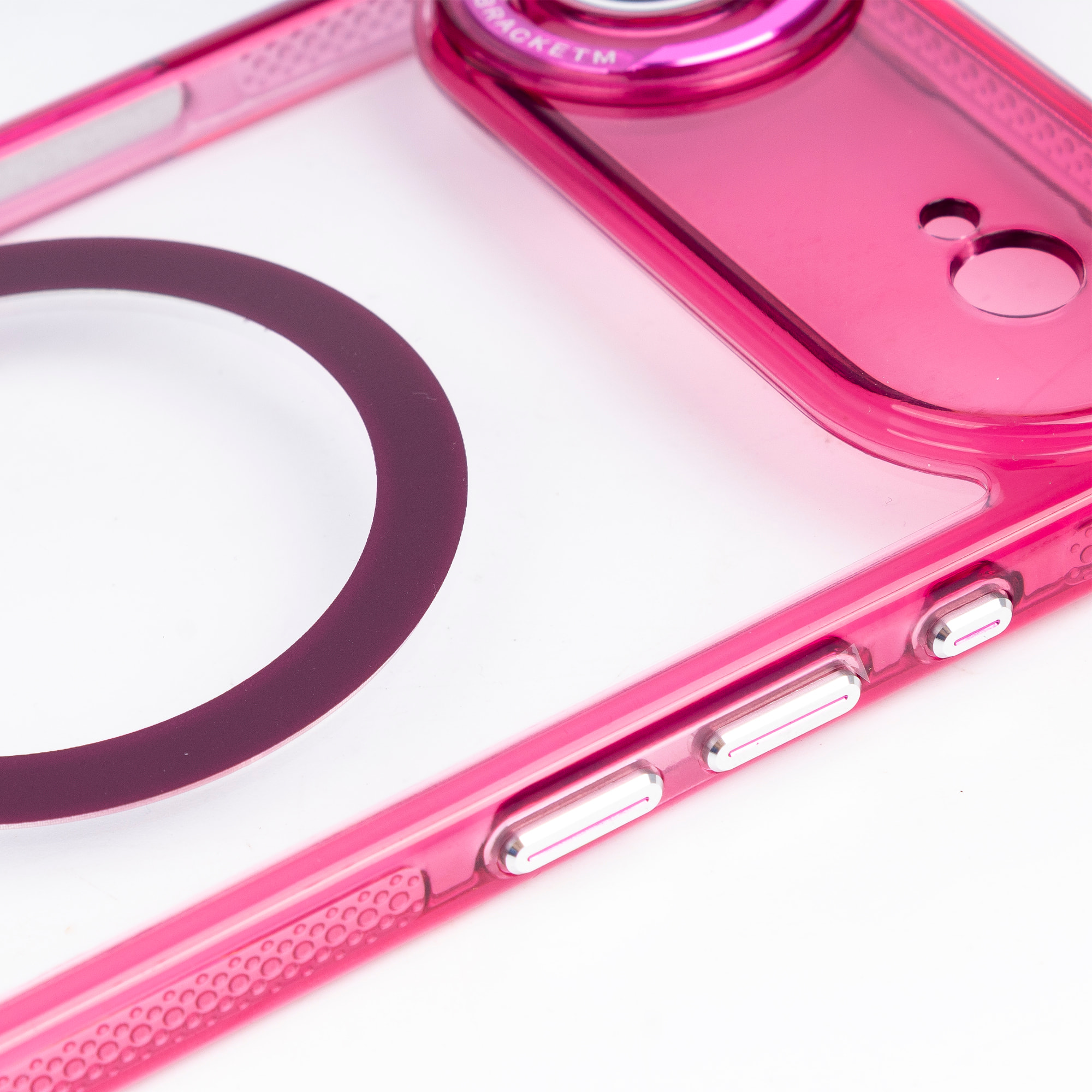 Custodia trasparente con fotocamera coperta e bordi fucsia. Magsafe per iPhone 17 Air.