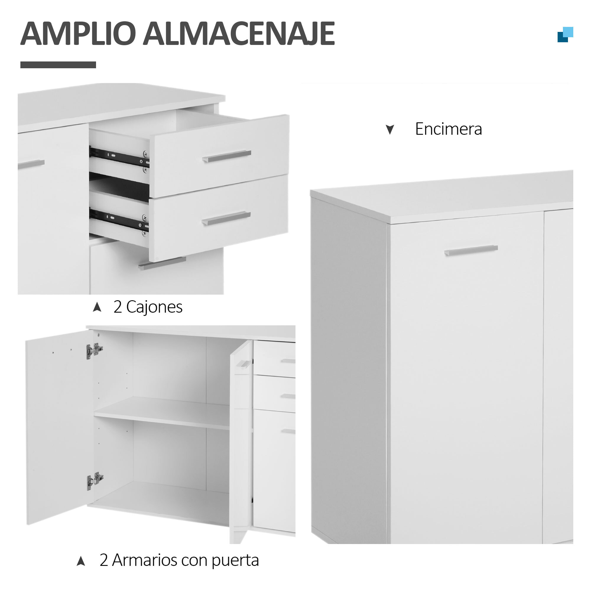 Armario Buffet con 2 Cajones de Madera 106x35x76cm Blanco