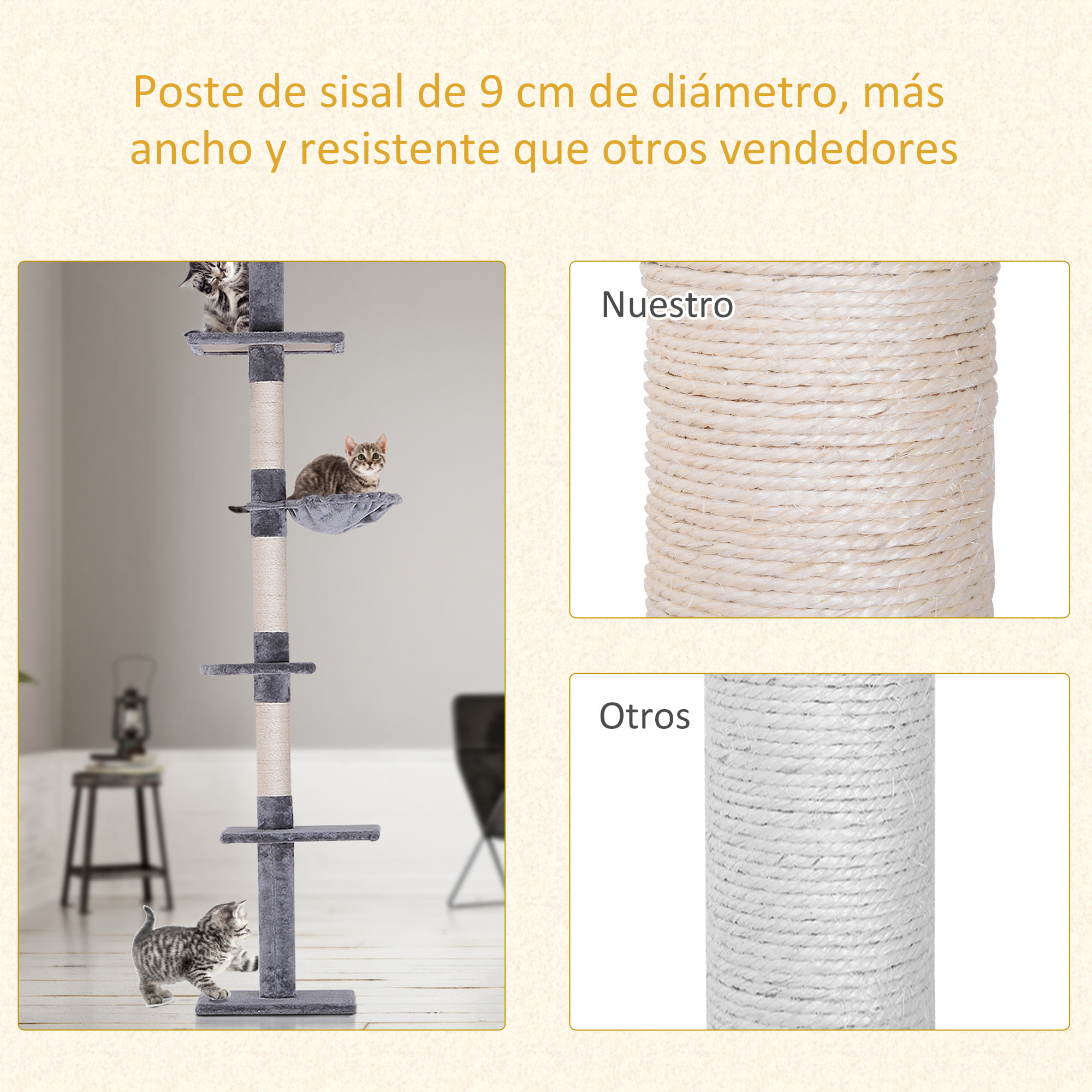 Árbol para Gatos de Felpa y Sisal 40x34x230-260cm Gris