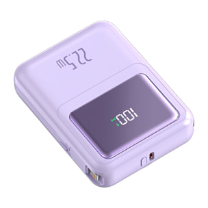 Powerbank 10.000mAh con carga rápida PD22,5W y carga inalámbrica de 15W. Cables USB-C y Lightning integrados. Pantalla led de carga.