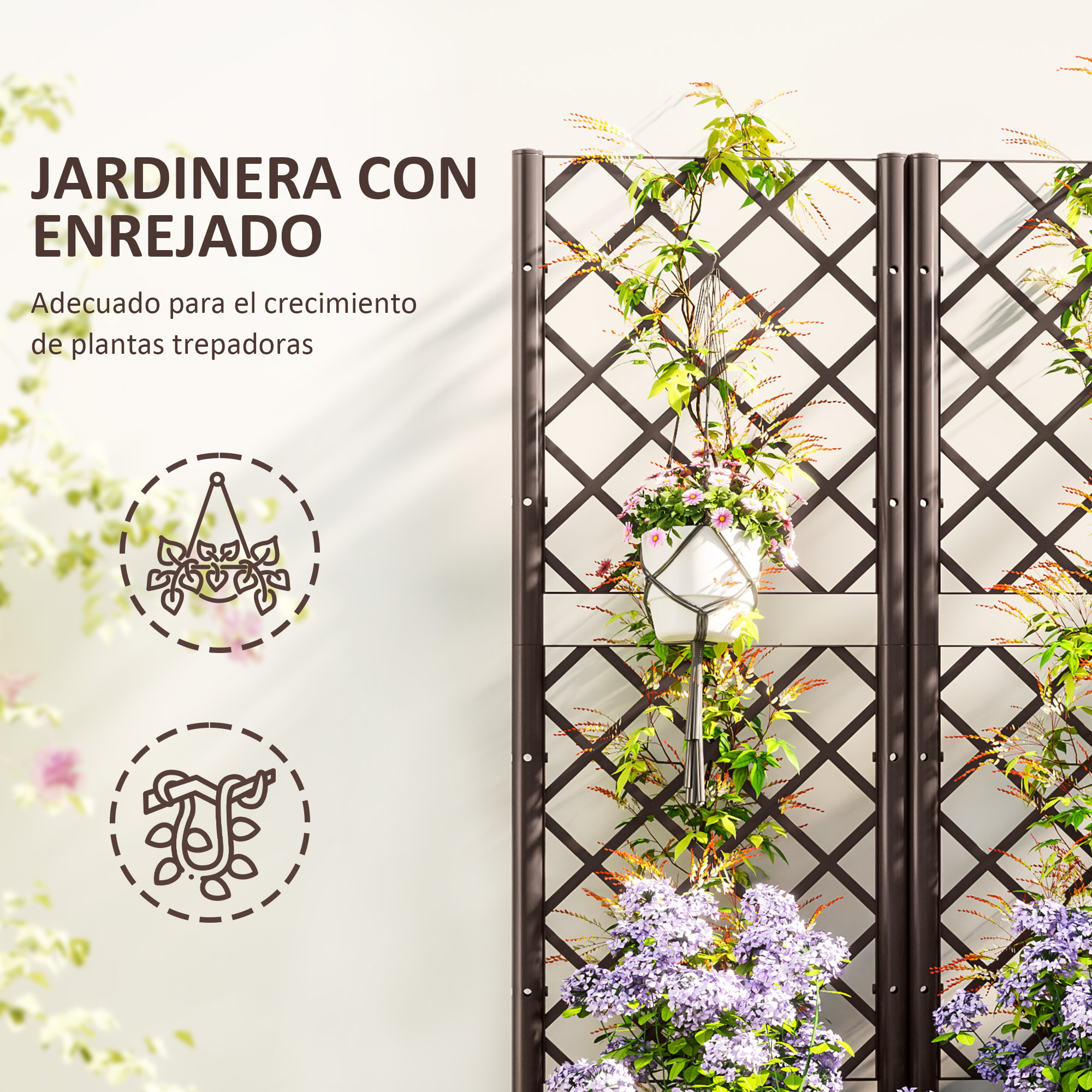 Jardinera con Enrejado de PP Jardinera Exterior Grande con Drenaje y Amplio Espacio para Plantas Trepadoras Macetero con Soporte para Jardín Patio Terraza 80x40x135 cm Marrón