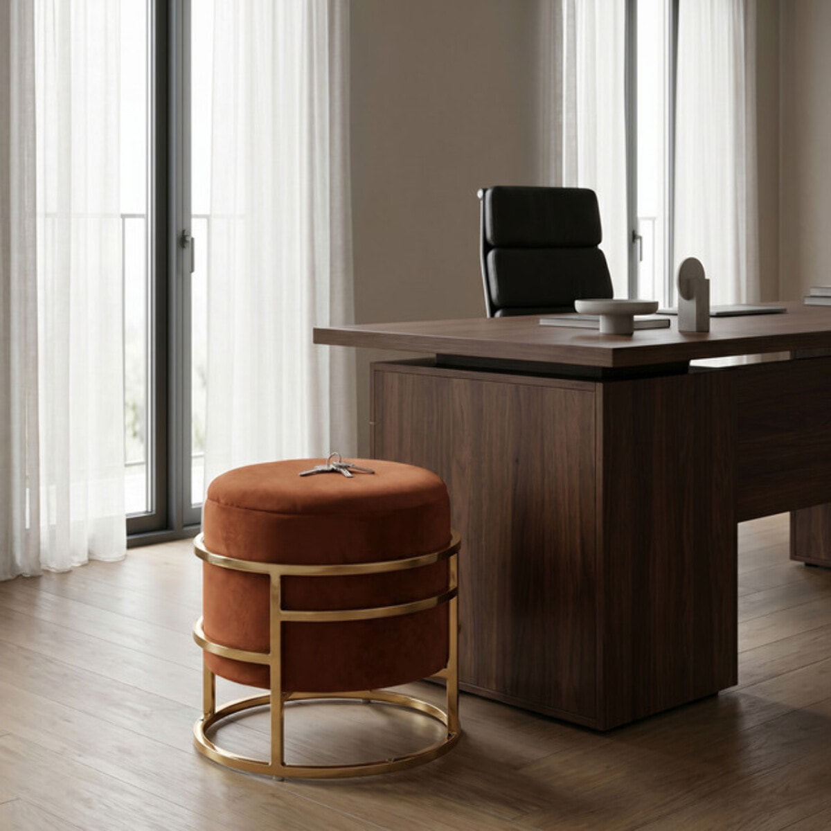 Pouf Contenitore Rotondo in Velluto con Coperchio e Base in Acciaio Dorata, Seduta Imbottita con Vano Contenitore dallo Stile Elegante per Soggiorno, Camera da Letto e Ingresso
