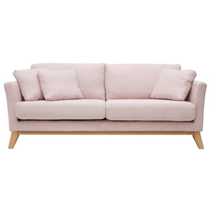 Canapé scandinave déhoussable 3 places en tissu rose clair et bois clair OSLO