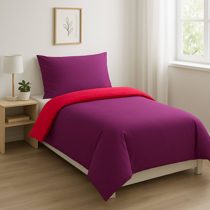 Set de cama 90 - 100 cm 100% algodón - funda nórdica reversible 150x210cm + sábana bajera 100x200+30cm + funda de almohada 50x70cm - rosa y morado rainbow benetton