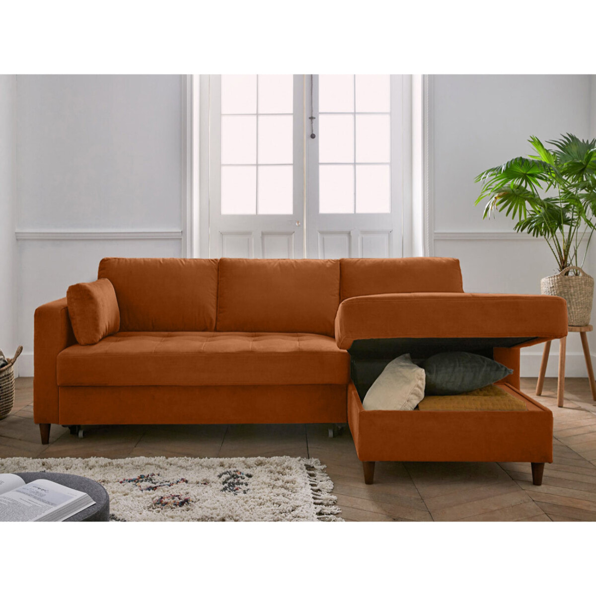 Anna - canapé d'angle droit - 4 places - convertible avec coffre - en velours - Rouille