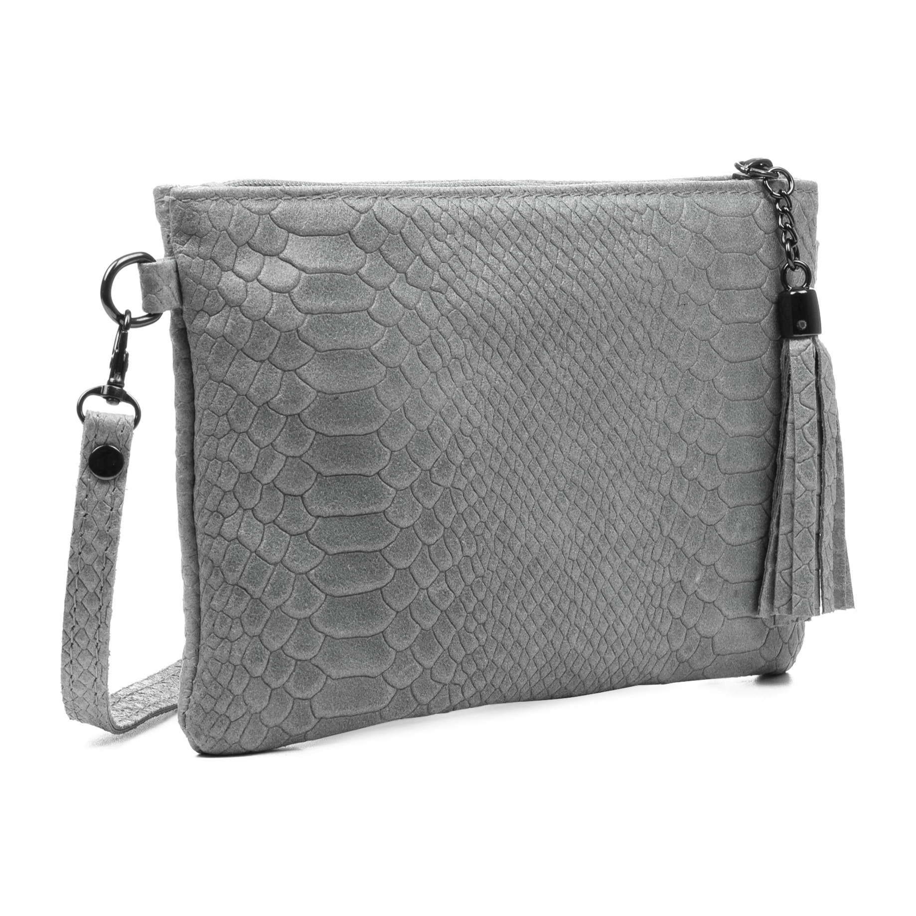 FIRENZE ARTEGIANI Borsa a Spalla da Donna Oleggio. Vera Pelle Scamosciata Incisione Serpente Made in Italy 23x4x15 Cm. Grigio