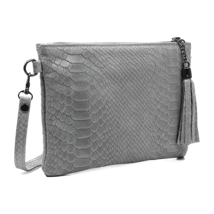 FIRENZE ARTEGIANI Borsa a Spalla da Donna Oleggio. Vera Pelle Scamosciata Incisione Serpente Made in Italy 23x4x15 Cm. Grigio