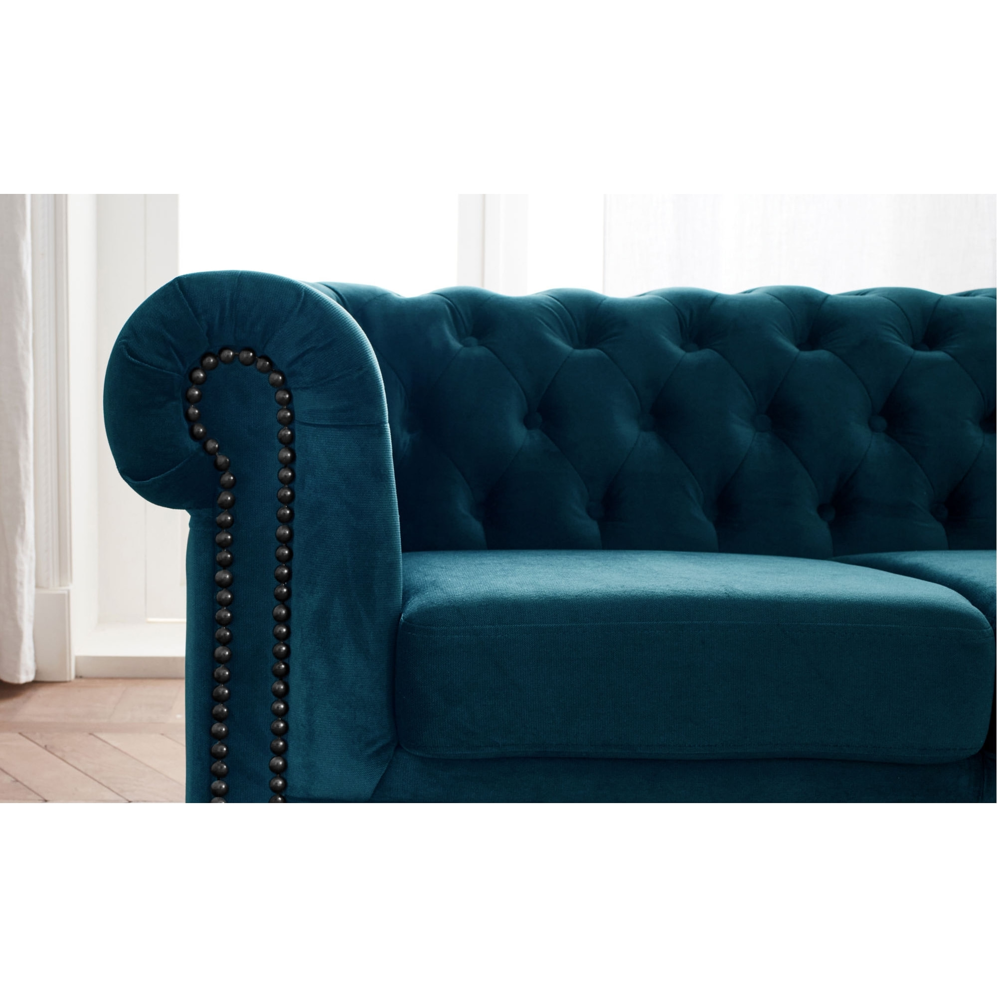 William - canapé Chesterfield d'angle droit - 4 places - en velours - Bleu canard