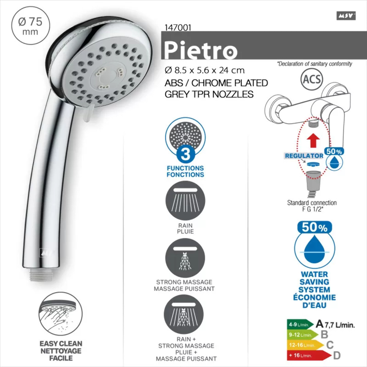 Pommeau de douche à main MSV Pietro 3 fonctions – ABS chromé – Économie d'eau – Picots anti-calcaire Ø75 mm