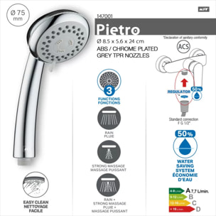 Pommeau de douche à main MSV Pietro 3 fonctions – ABS chromé – Économie d'eau – Picots anti-calcaire Ø75 mm