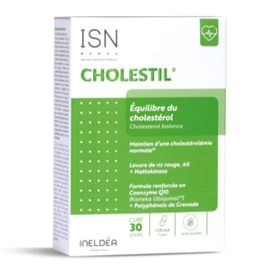 ISN - Cholestil - Maintient une cholestérolémie normale et protection du système cardiovasculaire - Complexe synergisé : Levure de riz rouge, Ail et Nattokinase - 30 gélules végétales