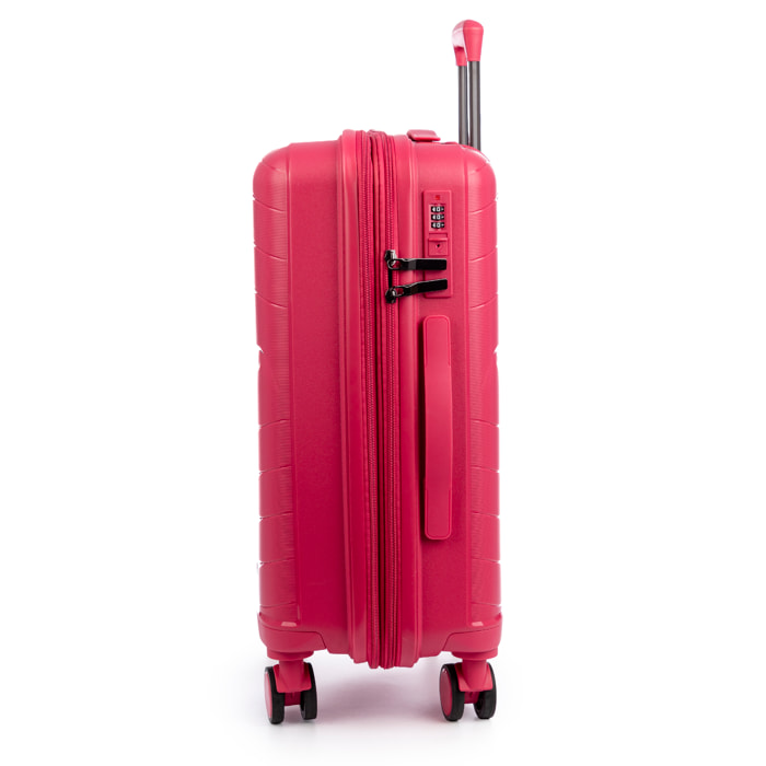 Set di 3 valigie Trolley espandibili, in materiale leggero PP resistente agli urti. Serratura TSA a combinazione, 4 ruote doppie girevoli a 360°.