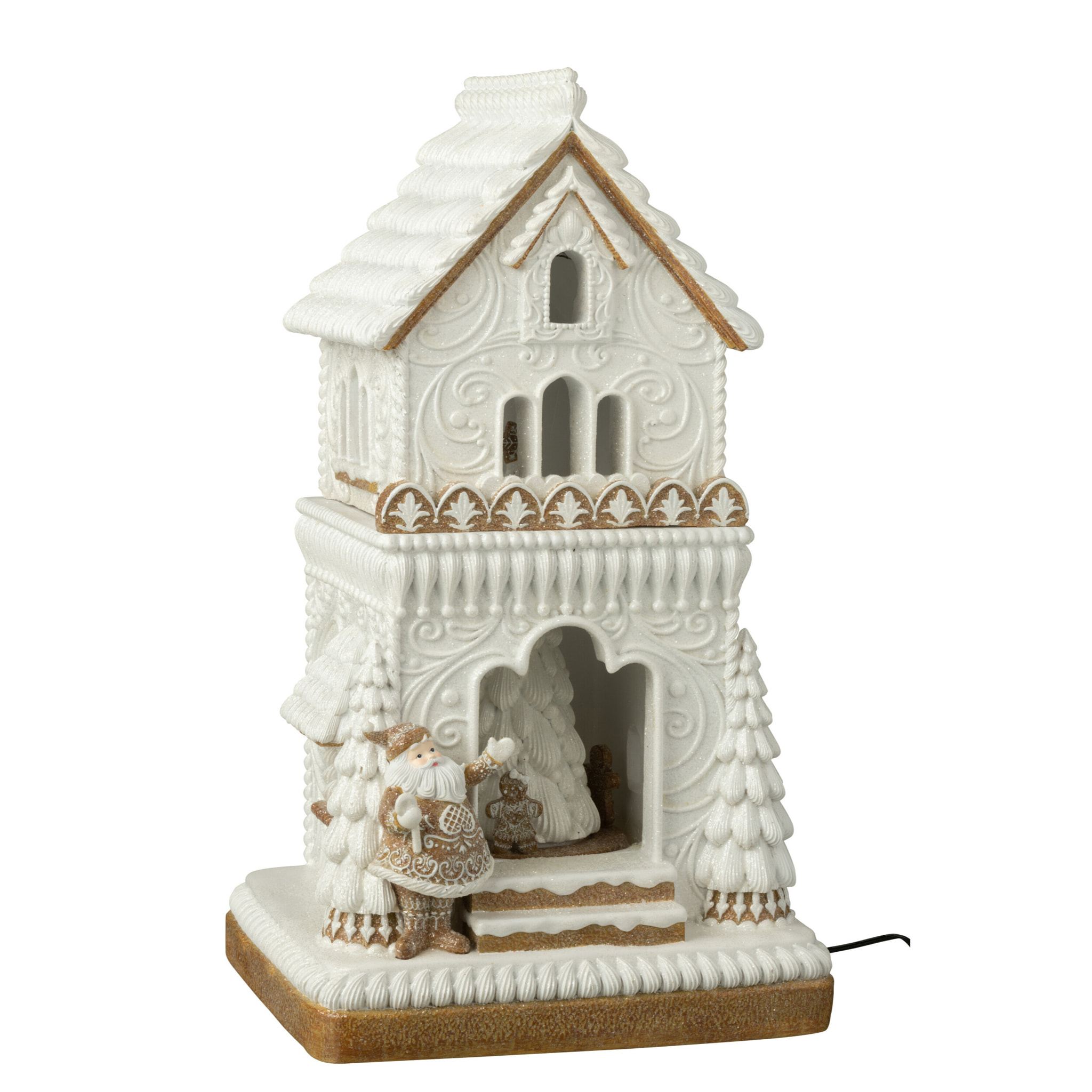 J-Line décoration Pain D'épice Maison + Père Noël - polyrésine - beige/blanc - LED