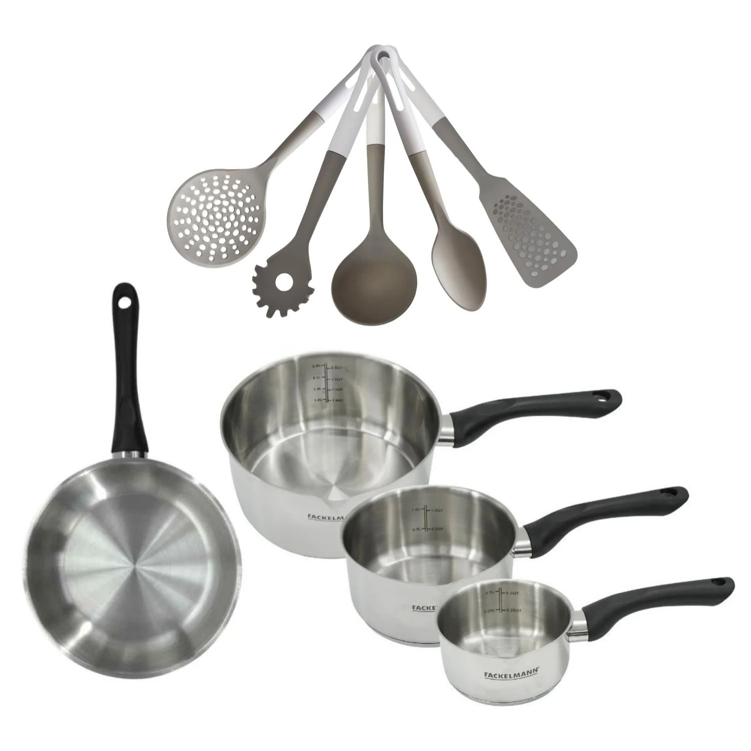 Lot Poêle et 3 Casseroles 12/16/20 cm Fackelmann Geneva avec 5 ustensiles Vario
