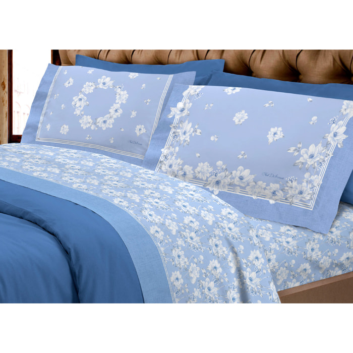 Completo Lenzuola In Calda Flanella Made In Italy Linea Europa Marsiglia Azzurro