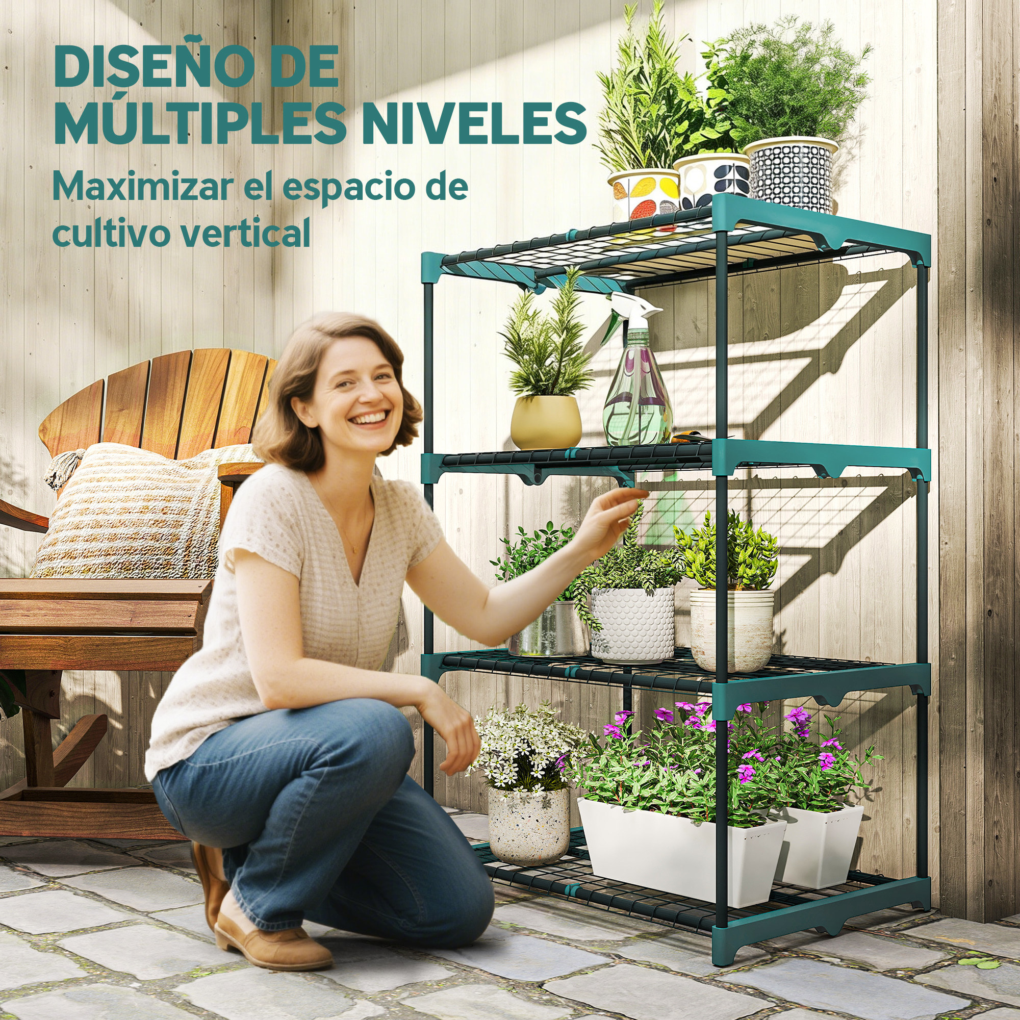 Soporte para Plantas de 4 Niveles, Estantería para Plantas de Acero, Estantes de Rejilla, Soporte para Macetas, Interior y Exterior, 67x49x105 cm, Verde Oscuro