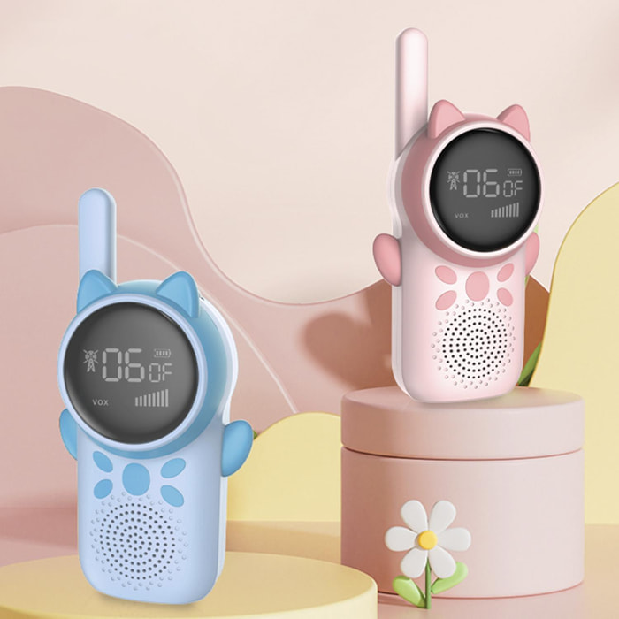 DAM Walkie Talkies infantiles D25, 1-3 km, pantalla 1,5'' a color, 99 códigos de grupo encriptados, luz LED. 2 unidades. Batería recargable. 7x4,5x14,3 Cm. Color: Rosa