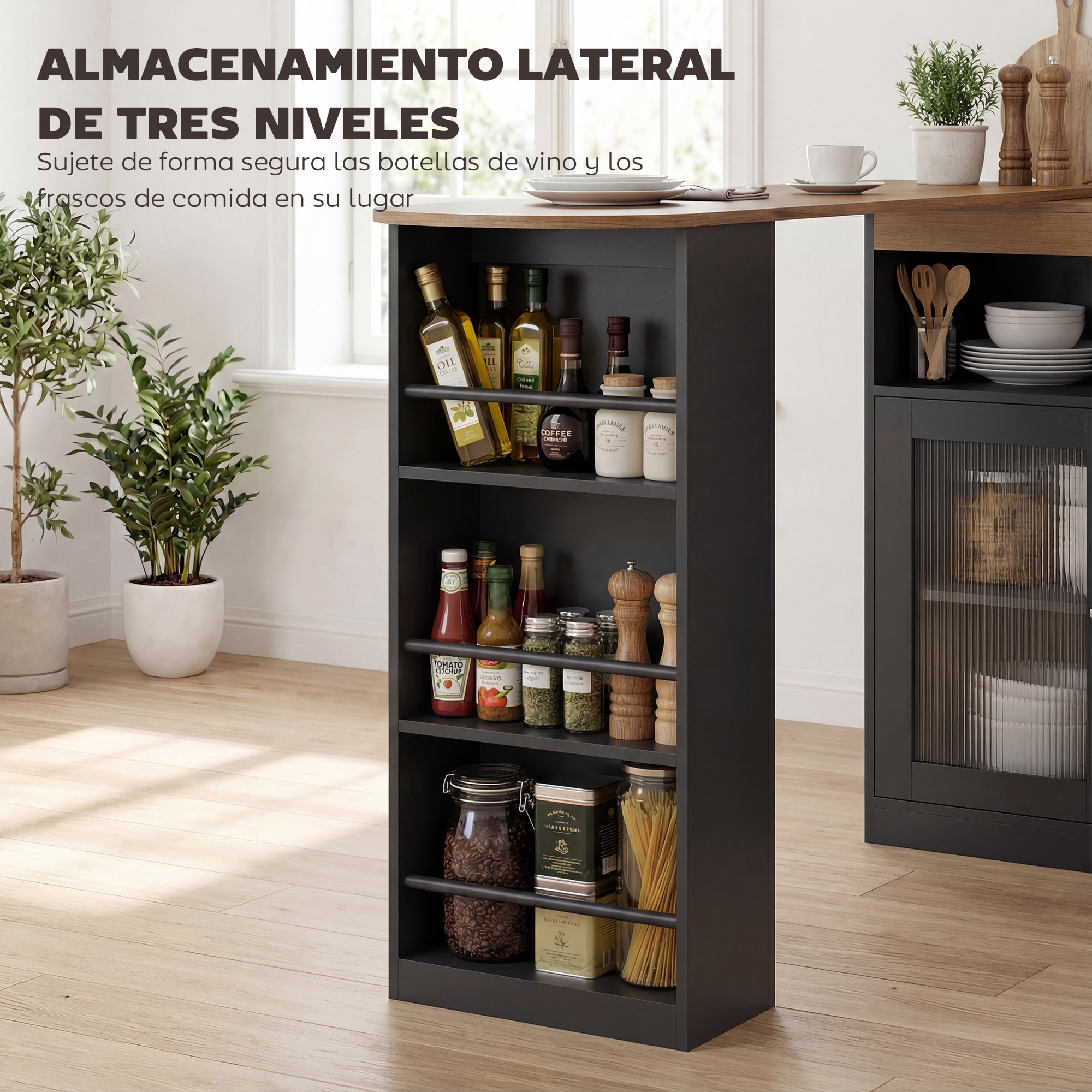 Mesa de Bar Extensible y Giratoria 90°, Mesa Alta Cocina con Estantes Abiertos y 2 Puertas de Vidrio para Comedor, 150x80x105,5 cm, Negro y Natural