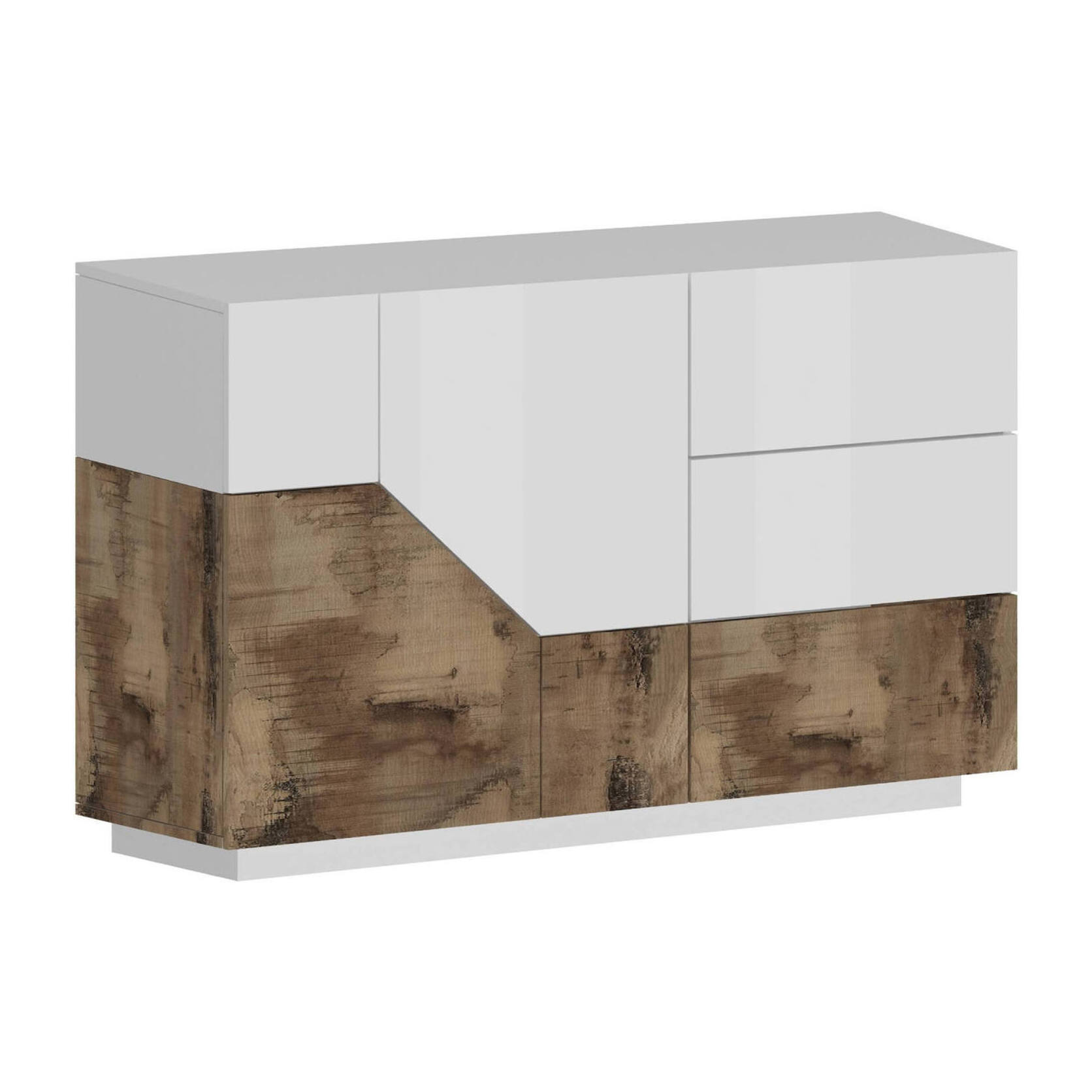 Credenza moderna a 2 ante geometriche e 3 cassetti, Made in Italy, Madia da cucina, Buffet di design da soggiorno, Cm 141x43h86, Bianco lucido e Acero