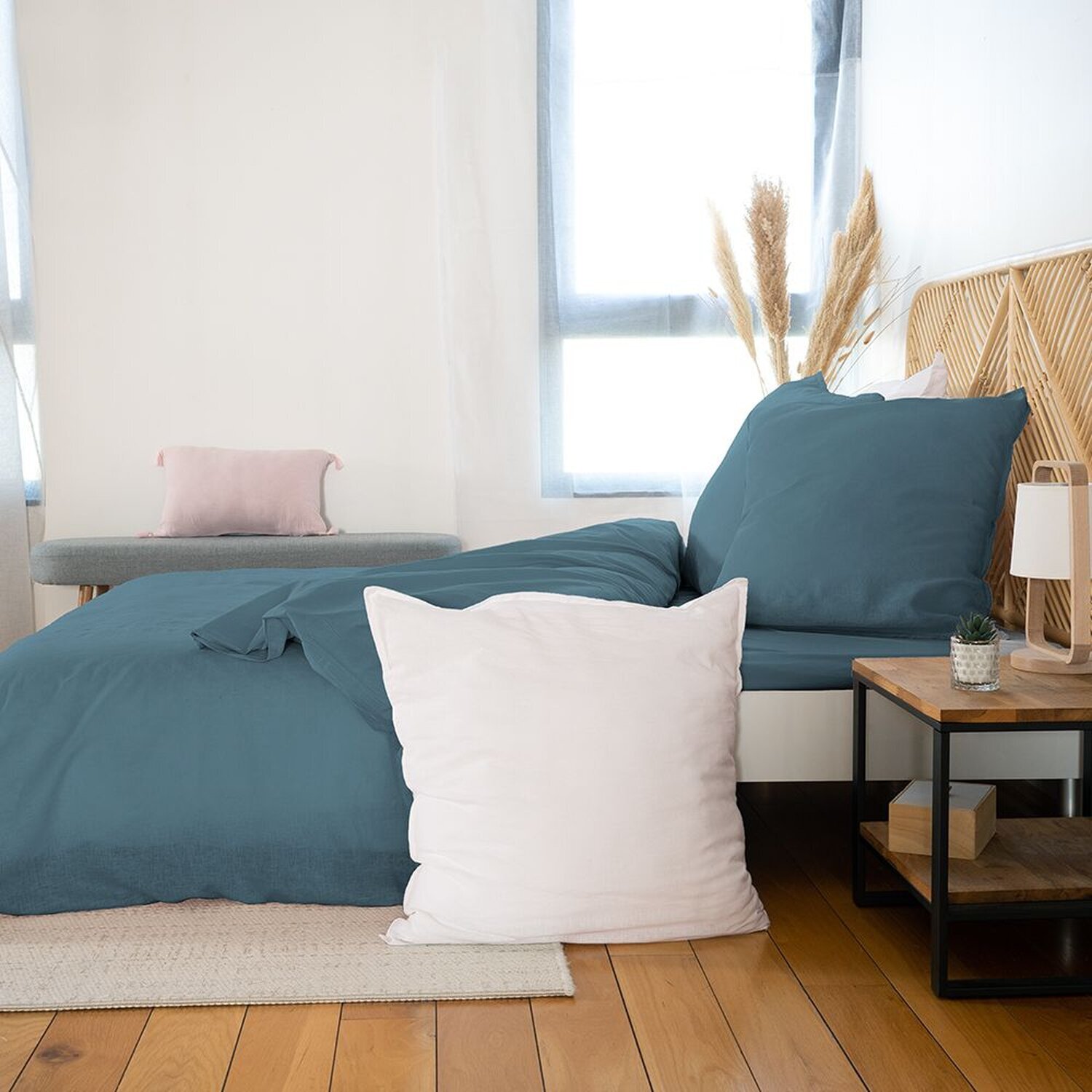 Parure housse de couette unie en coton lavé et lin - lynn - bleu marine