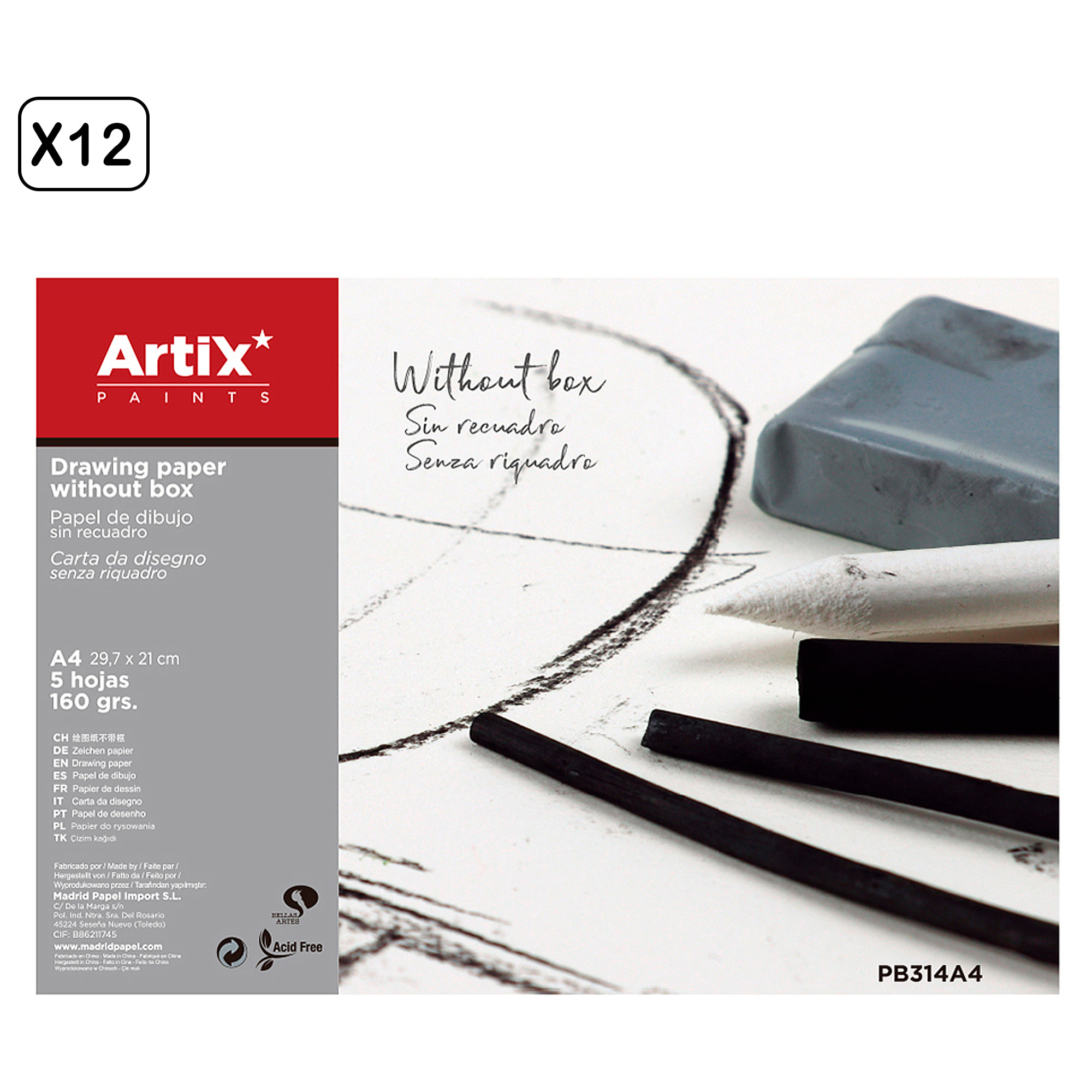 12 packs PAPEL DE DIBUJO SIN RECUADRO A4 5 HOJAS