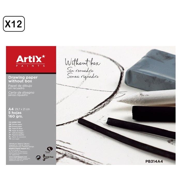 12 packs PAPEL DE DIBUJO SIN RECUADRO A4 5 HOJAS