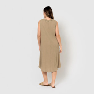 Vestido midi cuello drapeado algodón lino cuerda