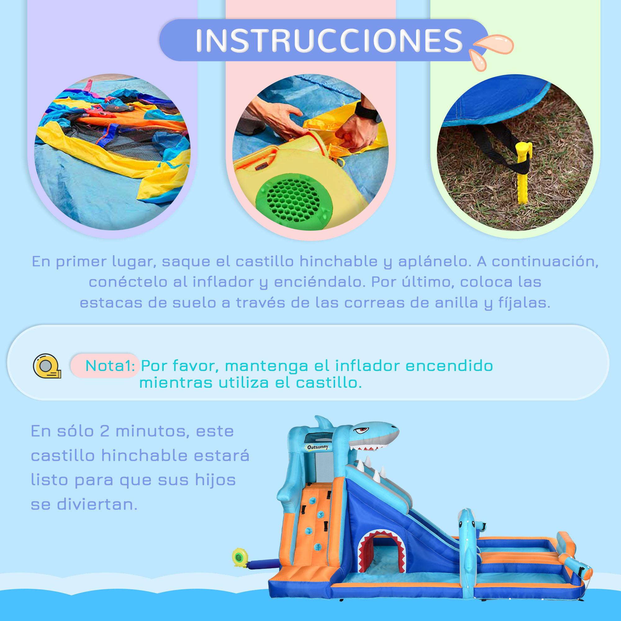 Outsunny Castillo Hinchable Infantil 6 en 1 Castillo Hinchable para Niños con Tobogán Piscina Muro de Escalada Cañón de Agua y Bolsa de Transporte Temática de Tiburón 440x350x240 cm Multicolor