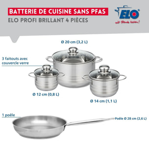 Ensemble de 1 Poêle de cuisson 28 cm et 3 faitouts 12, 14 et 20 cm Elo Profi Brillant