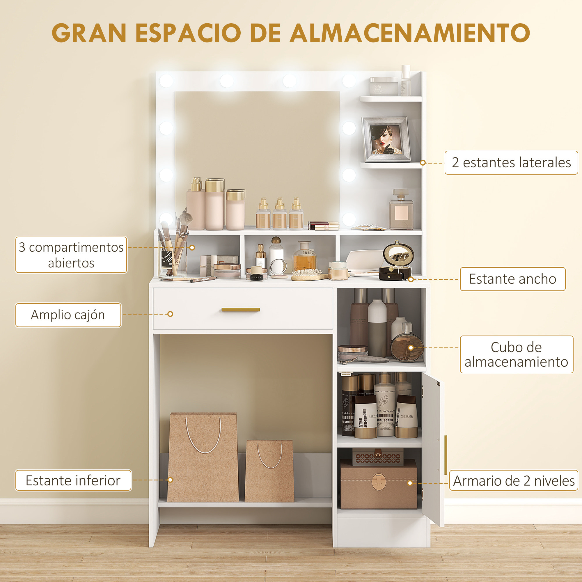 Tocador de Maquillaje con Luces LED y Taburete Tocador con Espejo 2 Colores 10 Bombillas Cajón Estantes Compartimentos Abiertos para Dormitorio Vestidor Blanco