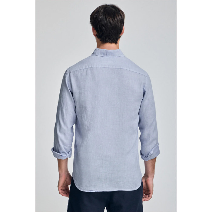 Camisa azul de lino garment dye con bordado Rigby Best