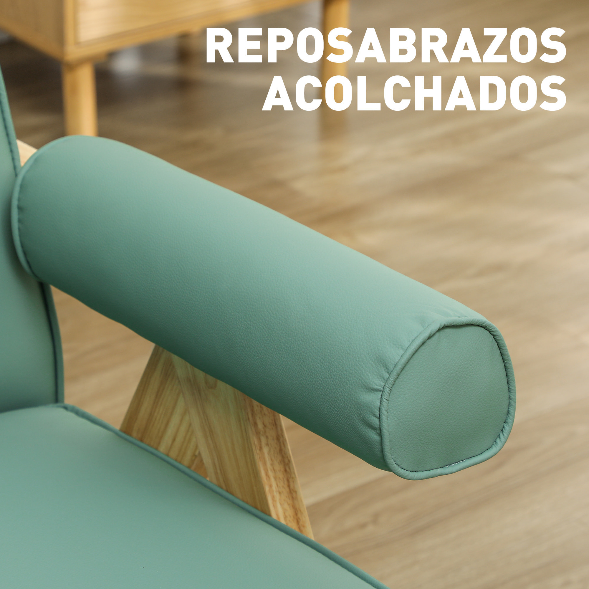 Butaca de Salón Butaca Nórdica Sillón de Salón Tapizado en PU con Reposabrazos y Marco de Madera de Caucho para Dormitorio Carga 120 kg Verde