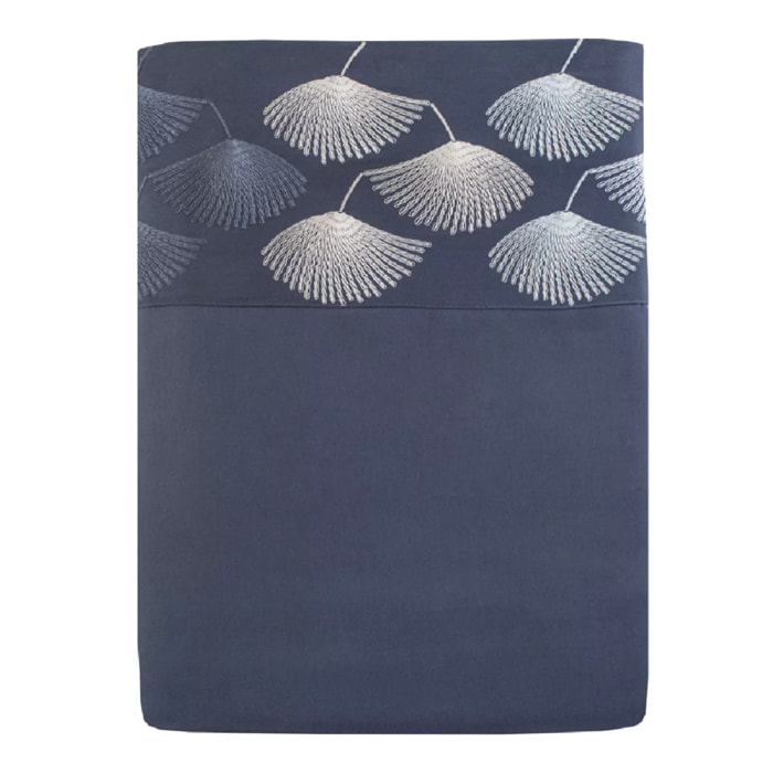 Drap plat satin de coton brodé bleu Pistil bleu nuit