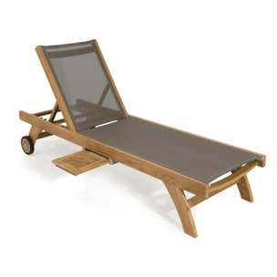 FUN - Bain de soleil textilène couleur taupe en bois Teck