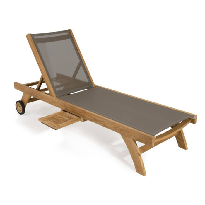 FUN - Bain de soleil textilène couleur taupe en bois Teck