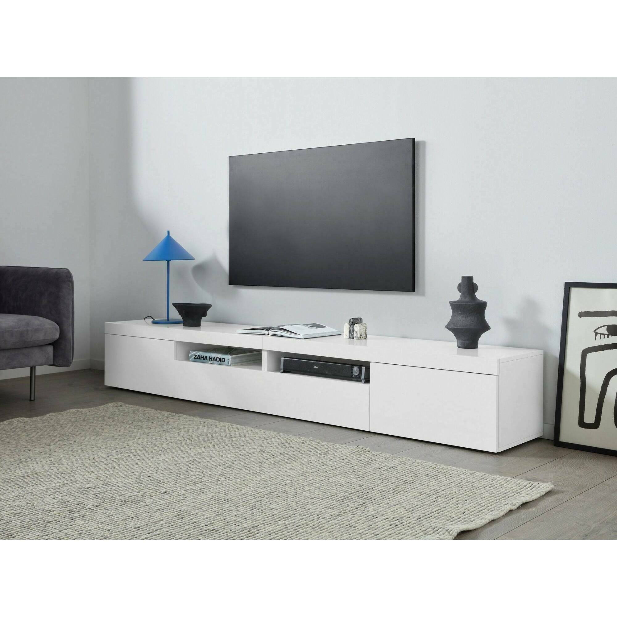 Mobile porta TV Dconsigl, Credenza bassa da soggiorno a 3 ante, Base porta TV, 240x40h35 cm, Bianco lucido