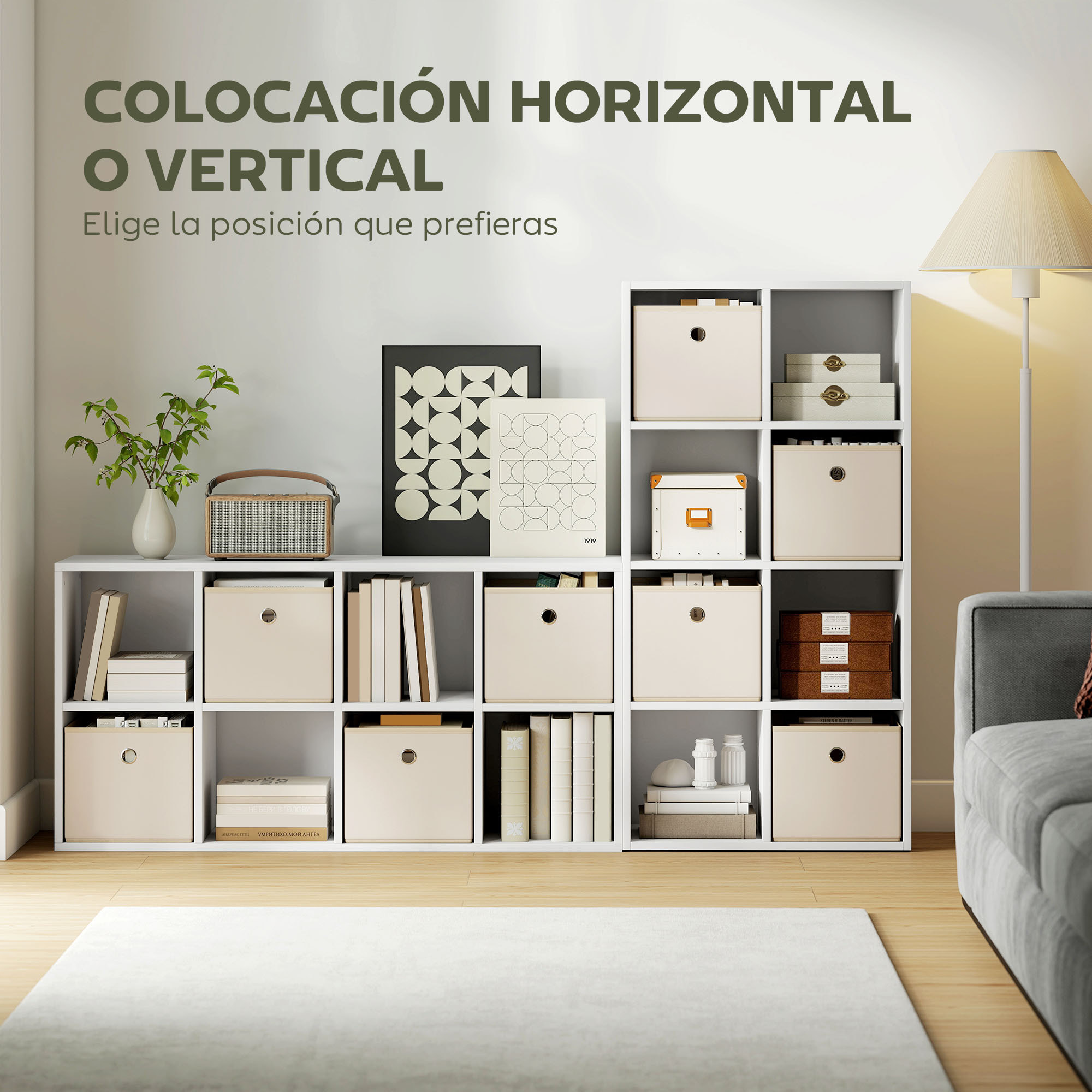 Estantería de 8 Cubos, Librería, Estantería para Libros con 4 Cajones de Tela, Horizontal o Vertical, para Salón, Dormitorio, Estudio, 105,9x30x53,7 cm, Blanco y Beige