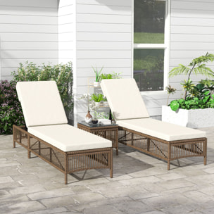 Conjunto de 2 Tumbonas de Jardín Exterior Tumbonas de Mimbre Tejido con Mesa de Tapa de Vidrio Respaldo Reclinable de 5 Posiciones y Cojines Suaves 196x54x32 cm Beige